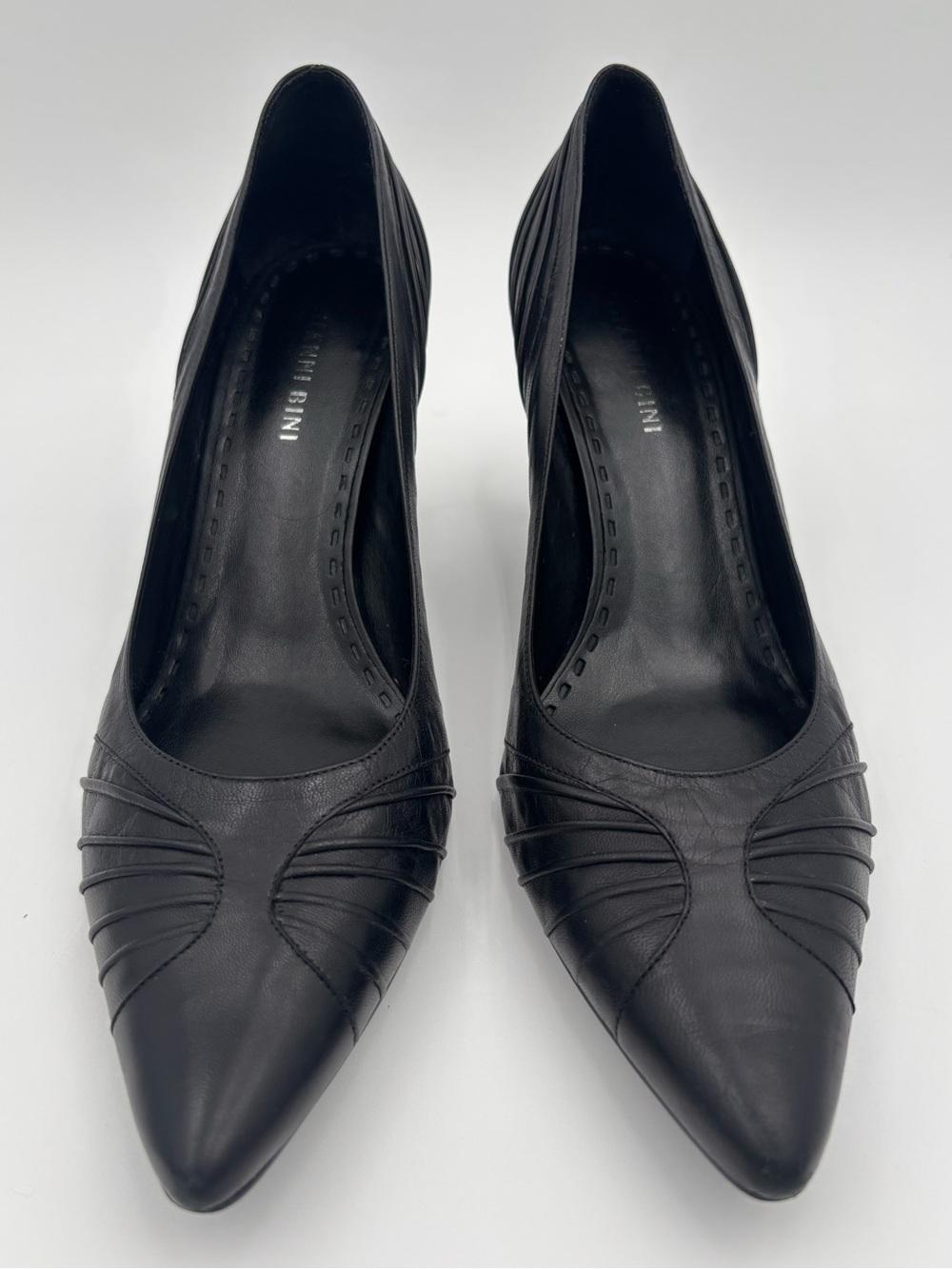 Gianni Bini Black Leather Pointed Toe Pumps Size 9.5 Pleated 3” Heel